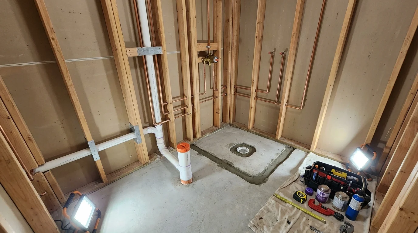 Bathroom rough-in plumbing during remodel by Johns Plumbing LLC in Mundelein