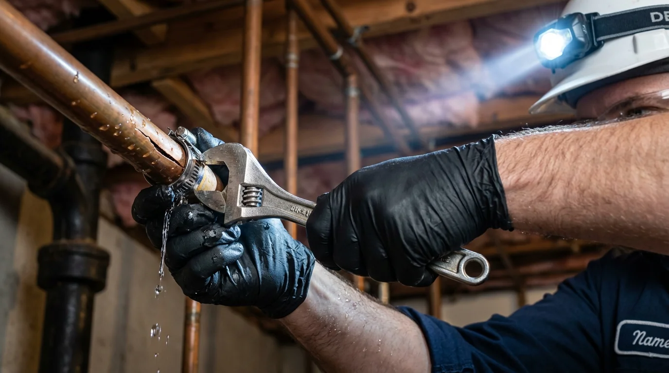 Emergency pipe clamp repair being performed by a Johns Plumbing LLC plumber in Mundelein