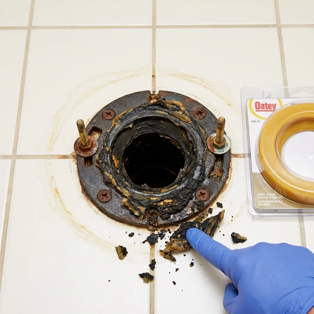 Failed wax ring showing water seepage at the base of a toilet in a Mundelein, IL home