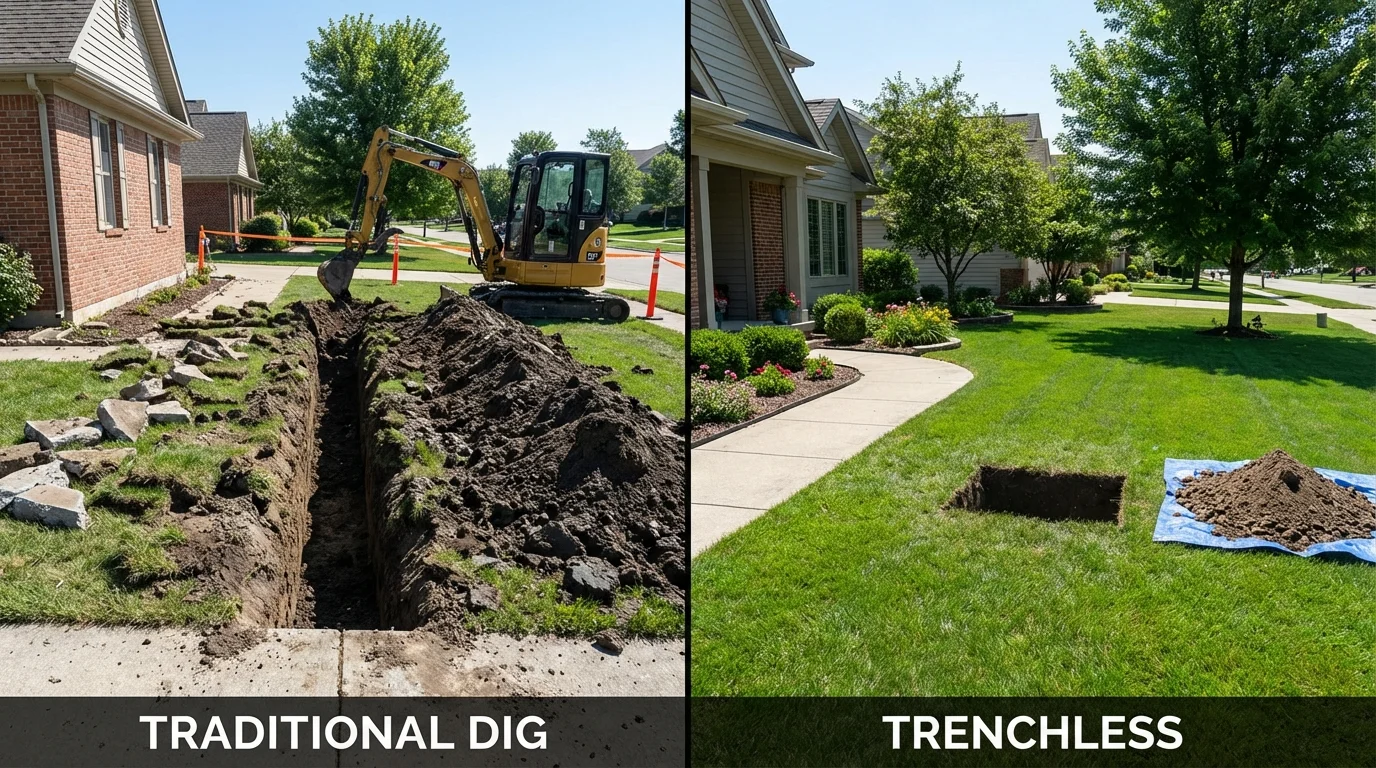 Trenchless sewer repair with minimal yard damage versus traditional excavation in Mundelein, IL