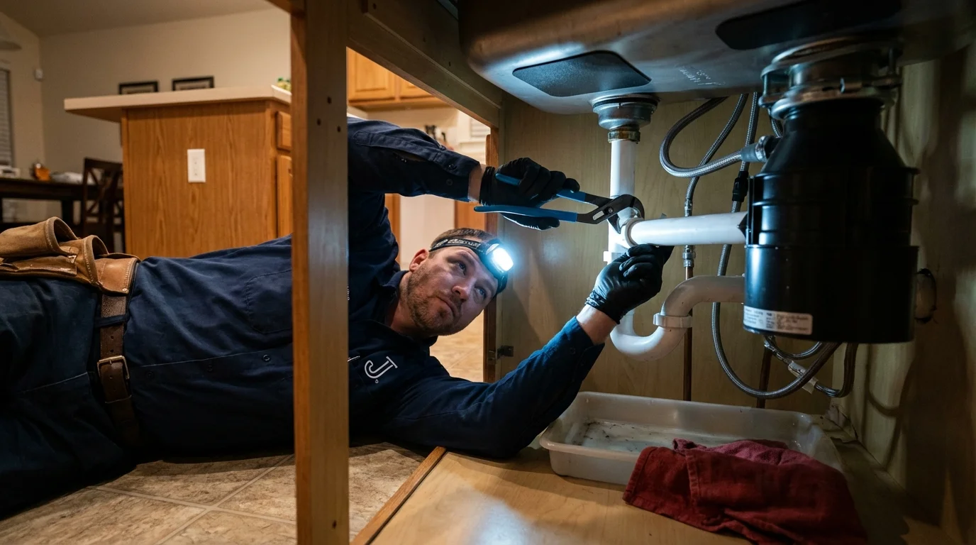 P-trap and supply line connections under a kitchen sink showing a common leak point in Mundelein, IL